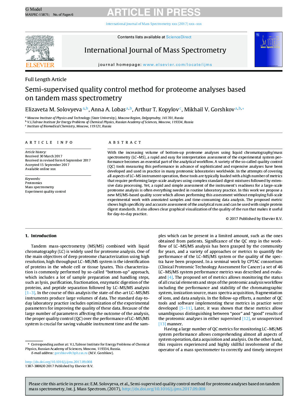 Semi-supervised quality control method for proteome analyses based on tandem mass spectrometry