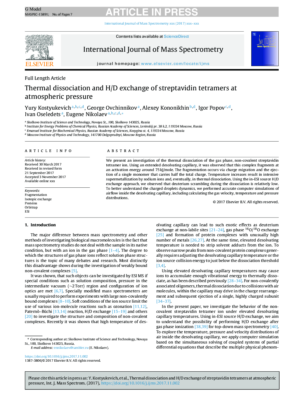 عکس صفحه اول مقاله: Thermal dissociation and H/D exchange of streptavidin tetramers at atmospheric pressure Thermal dissociation and H/D exchange of streptavidin tetramers at atmospheric pressure