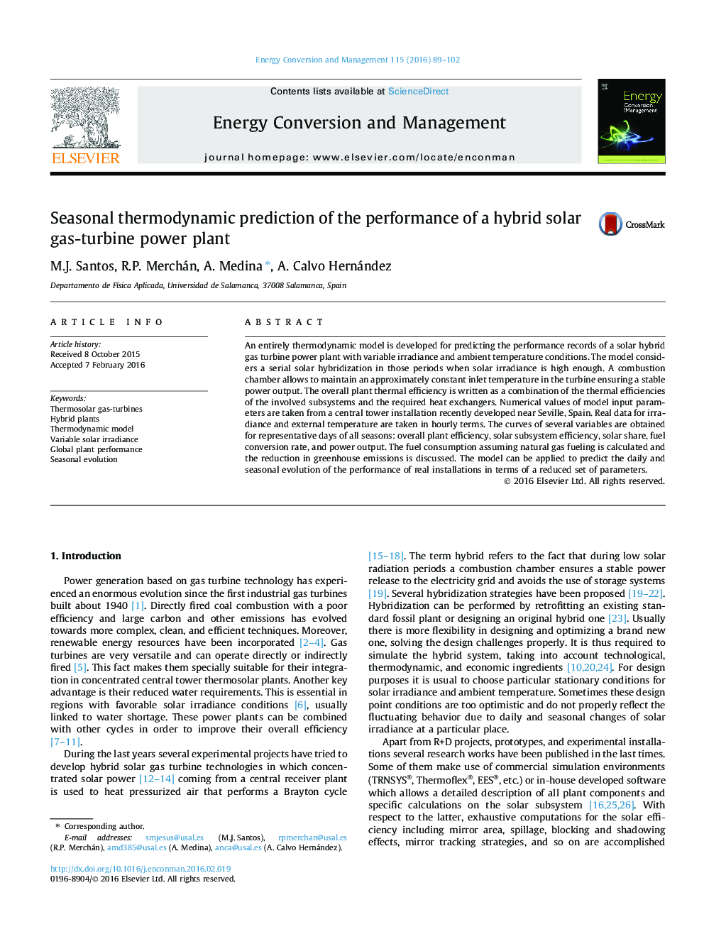 Seasonal thermodynamic prediction of the performance of a hybrid solar gas-turbine power plant