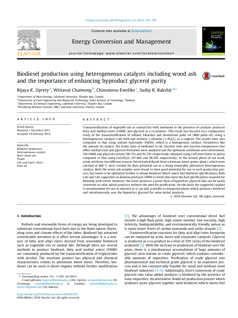 Biodiesel production using heterogeneous catalysts including wood ash and the importance of enhancing byproduct glycerol purity