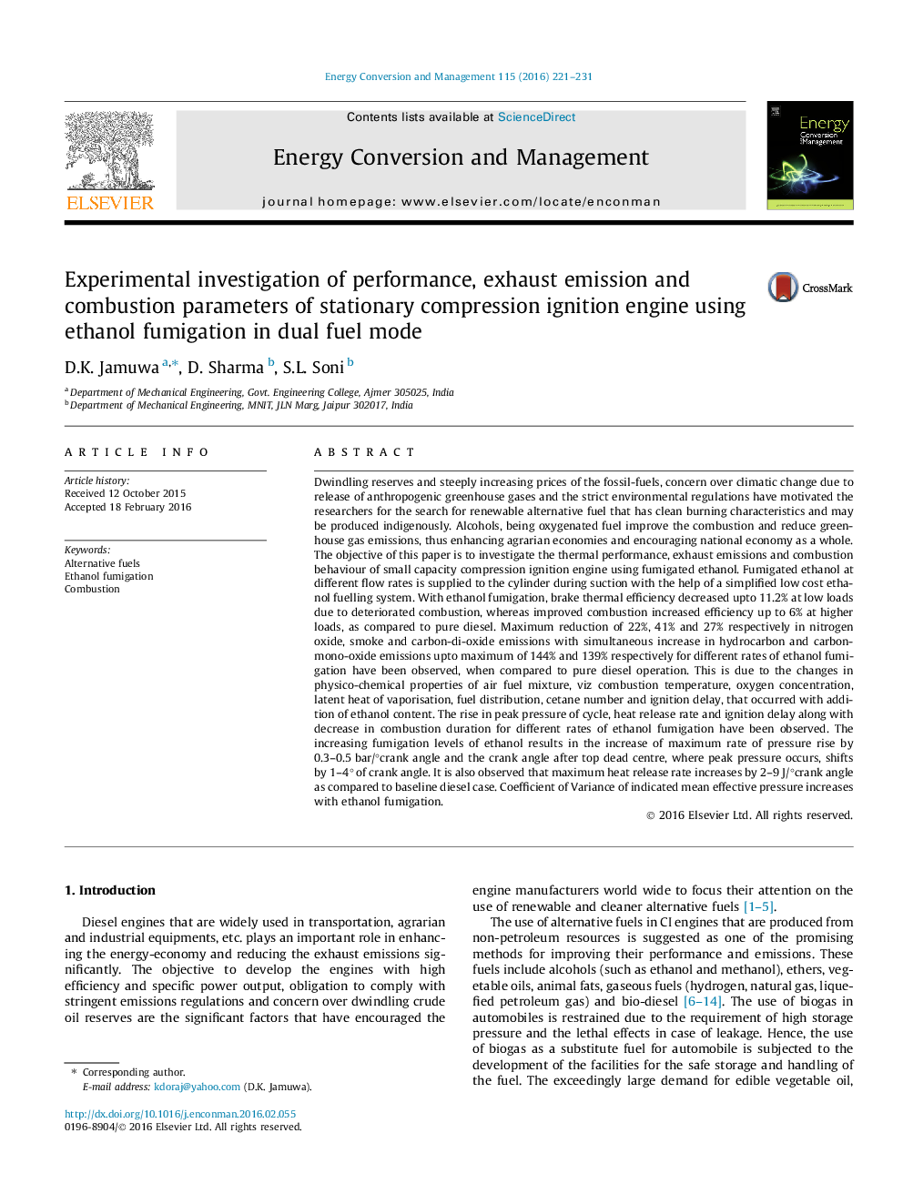 Experimental investigation of performance, exhaust emission and combustion parameters of stationary compression ignition engine using ethanol fumigation in dual fuel mode