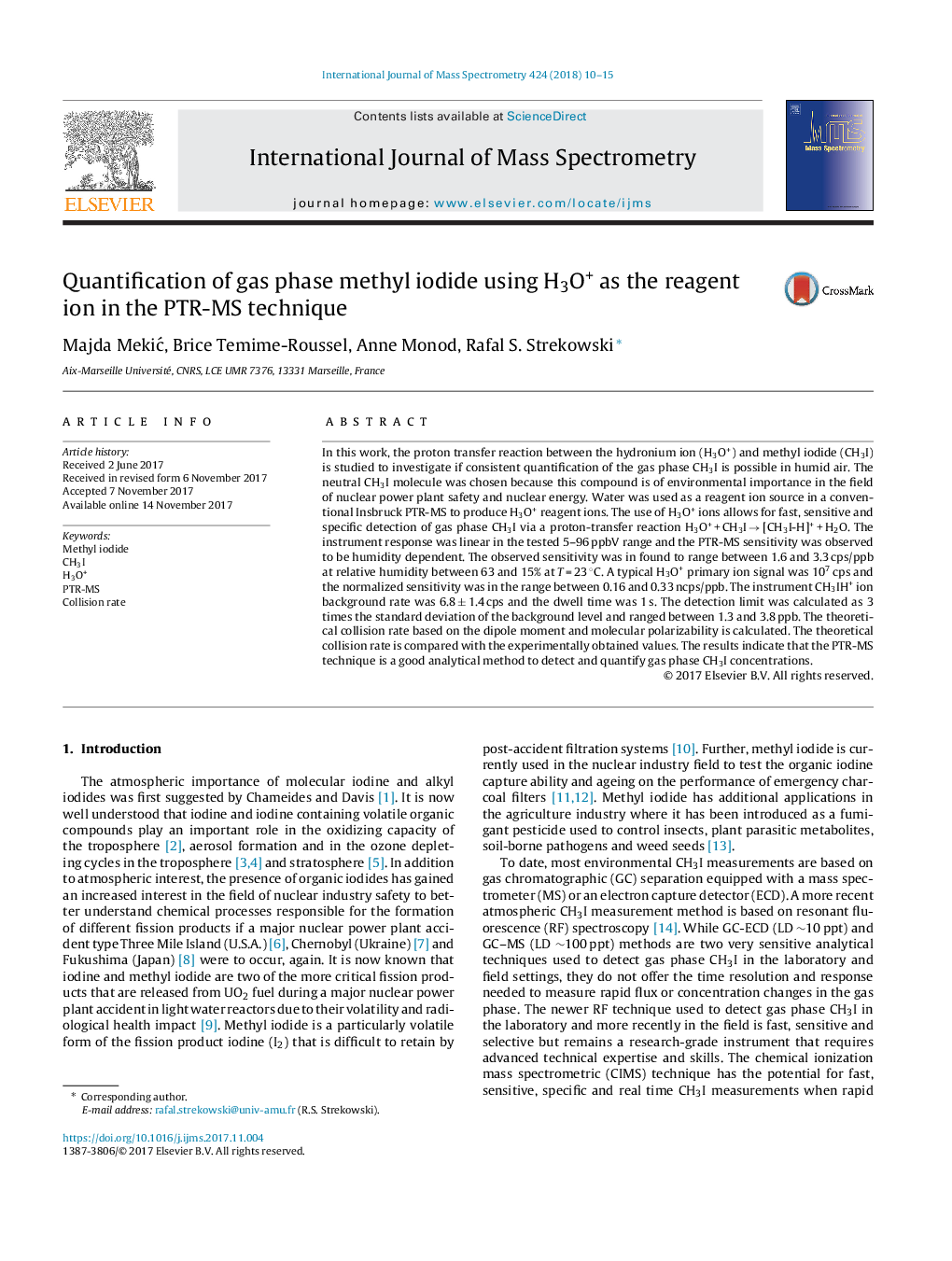 Quantification of gas phase methyl iodide using H3O+ as the reagent ion in the PTR-MS technique