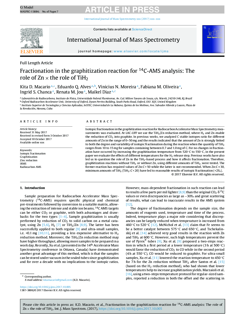 Fractionation in the graphitization reaction for 14C-AMS analysis: The role of ZnÂ ÃÂ the role of TiH2