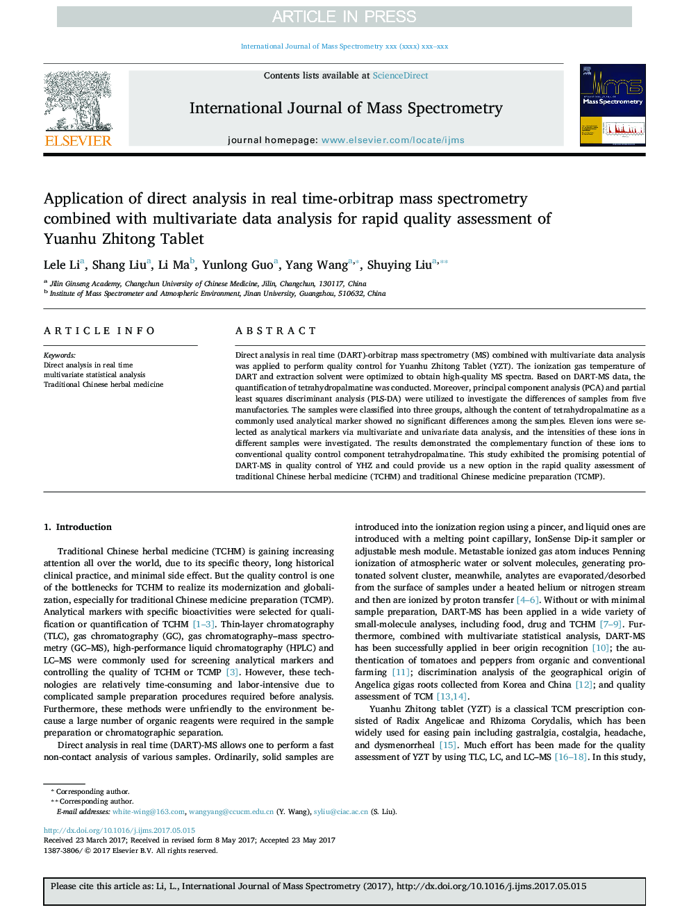 Application of direct analysis in real time-orbitrap mass spectrometry combined with multivariate data analysis for rapid quality assessment of Yuanhu Zhitong Tablet