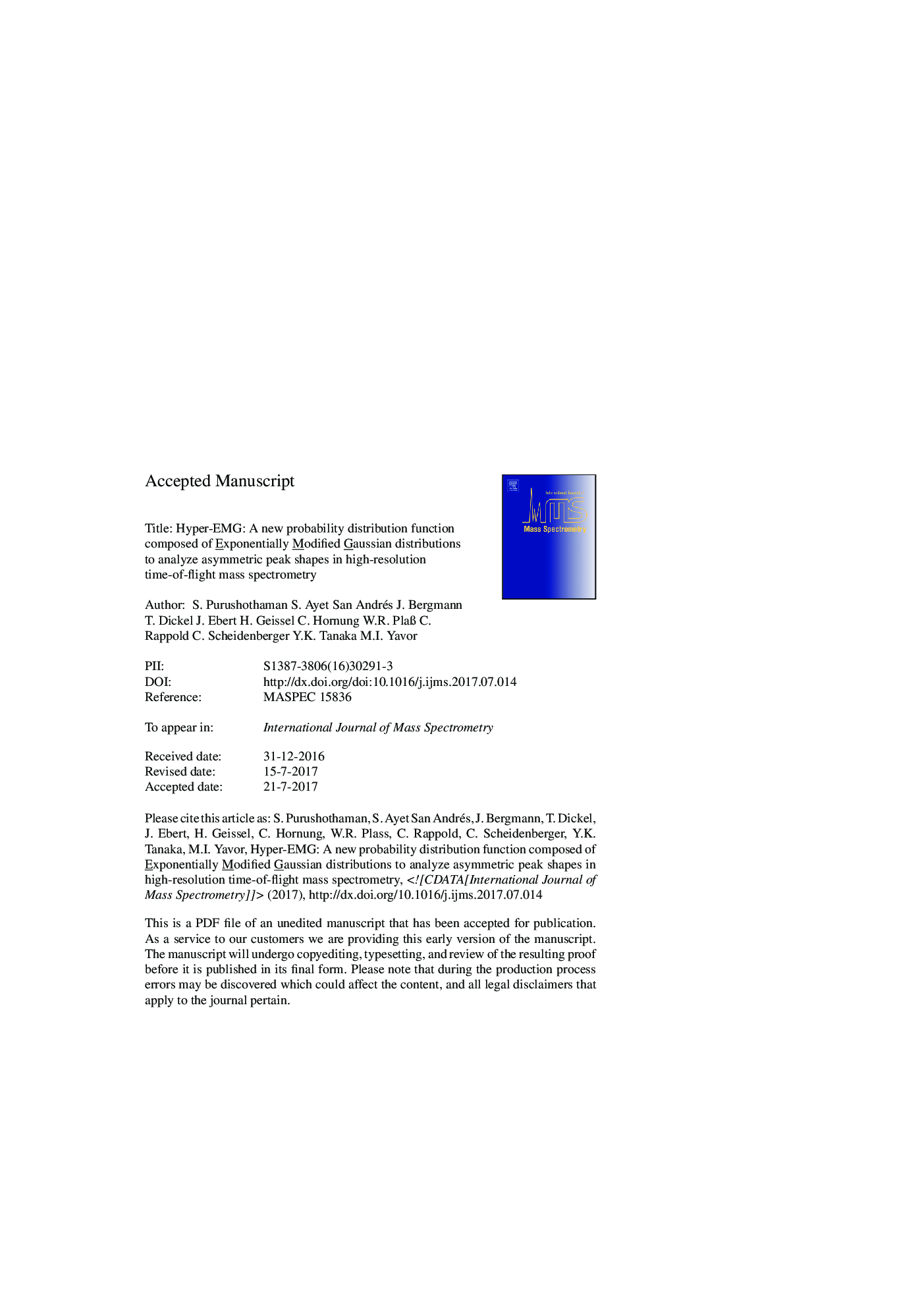 Hyper-EMG: A new probability distribution function composed of Exponentially Modified Gaussian distributions to analyze asymmetric peak shapes in high-resolution time-of-flight mass spectrometry