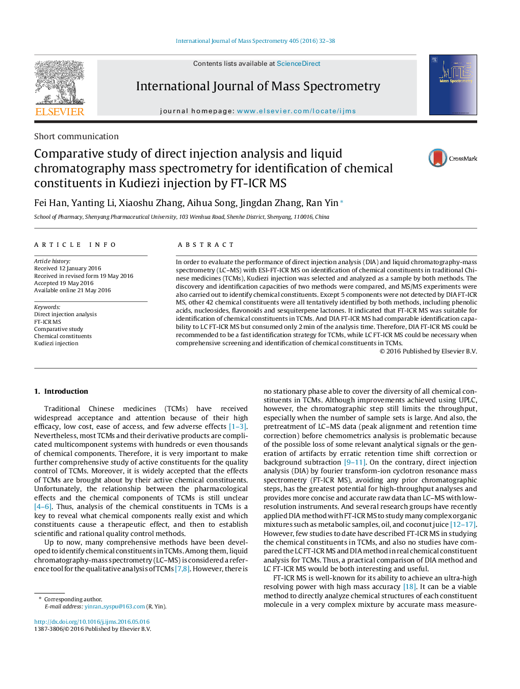 Comparative study of direct injection analysis and liquid chromatography mass spectrometry for identification of chemical constituents in Kudiezi injection by FT-ICR MS