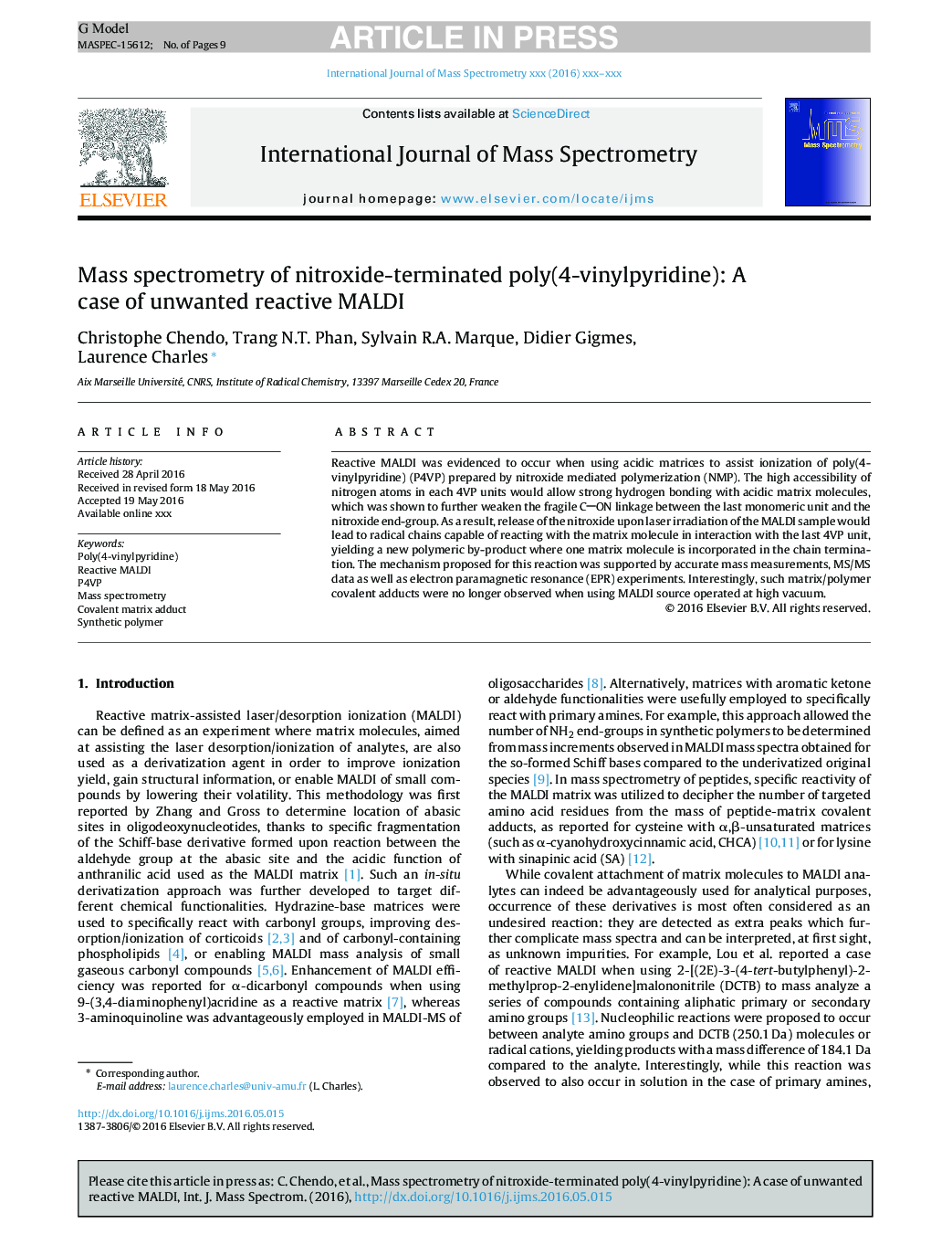 Mass spectrometry of nitroxide-terminated poly(4-vinylpyridine): A case of unwanted reactive MALDI