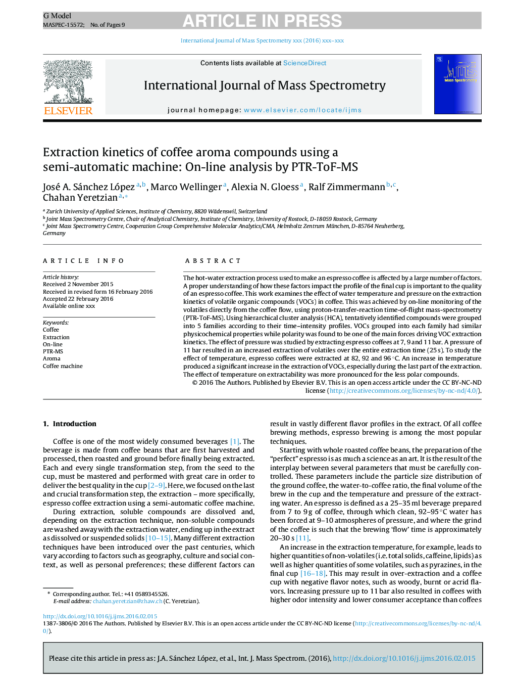 Extraction kinetics of coffee aroma compounds using a semi-automatic machine: On-line analysis by PTR-ToF-MS