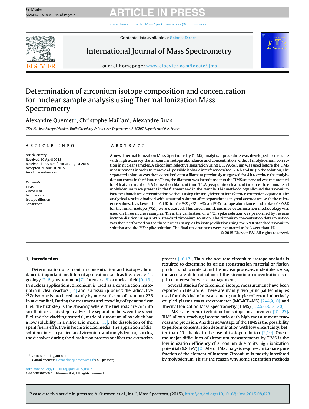 تعیین ترکیب و غلظت ایزوتوپ زیرکونیم برای تجزیه و تحلیل نمونه های اتمی با استفاده از طیف سنجی جرمی یونیزاسیون حرارتی 