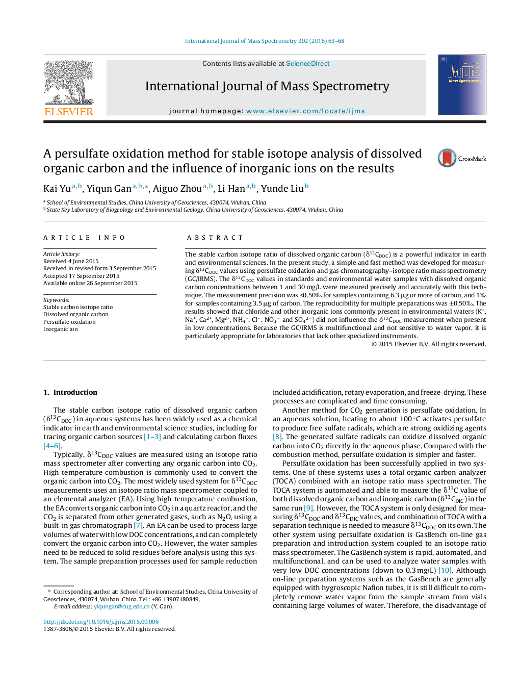 A persulfate oxidation method for stable isotope analysis of dissolved organic carbon and the influence of inorganic ions on the results