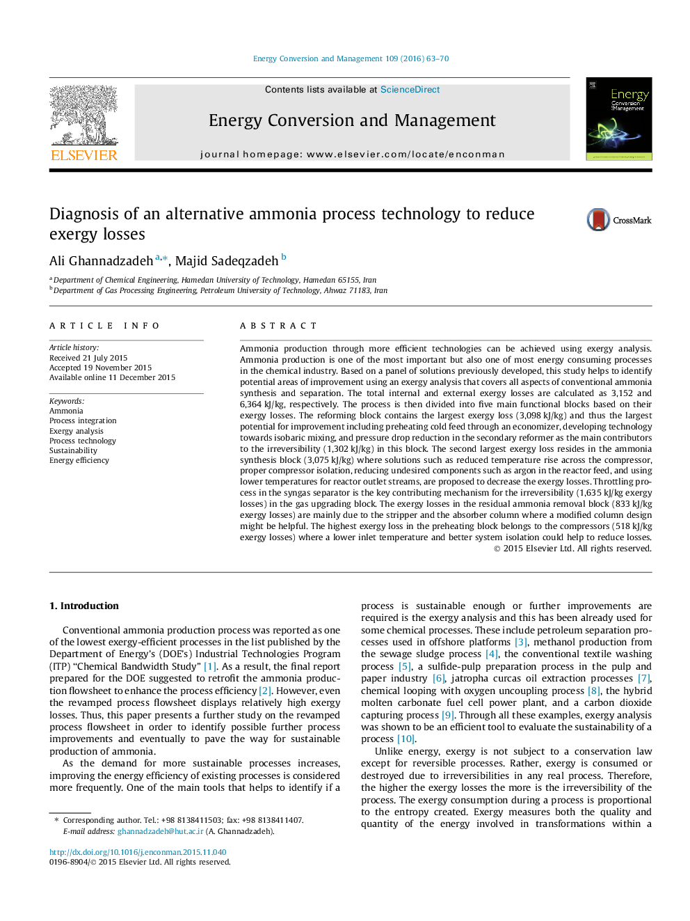 Diagnosis of an alternative ammonia process technology to reduce exergy losses