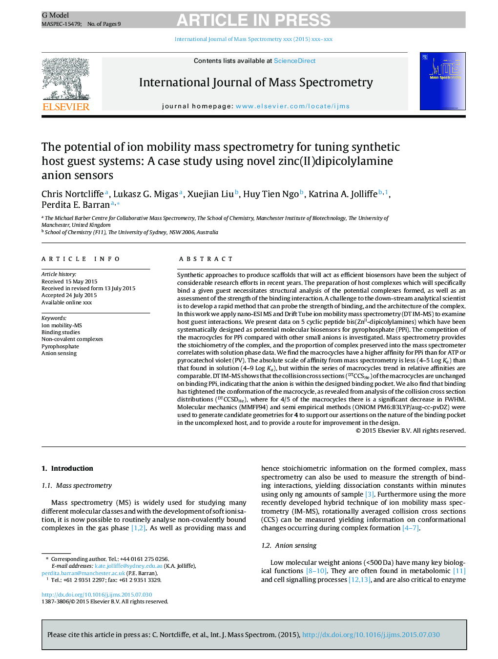 The potential of ion mobility mass spectrometry for tuning synthetic host guest systems: A case study using novel zinc(II)dipicolylamine anion sensors