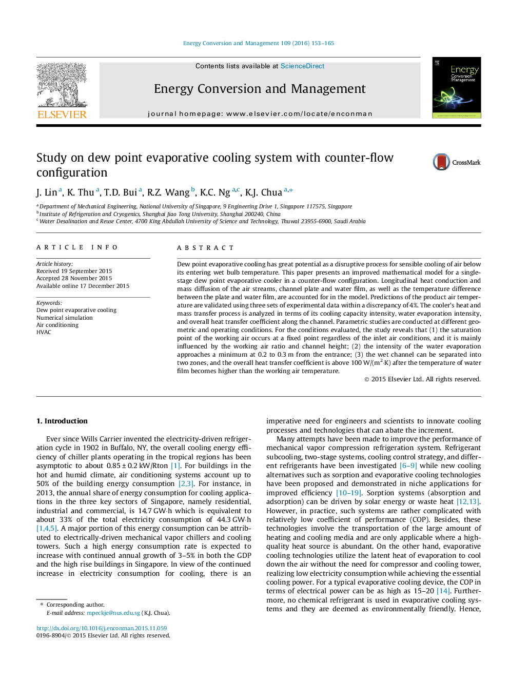 Study on dew point evaporative cooling system with counter-flow configuration