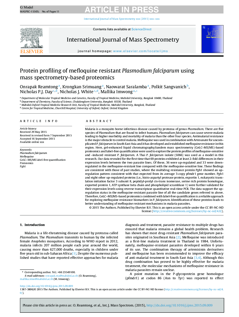بررسی پروتئین های پلاسمودیوم فالسیپاروم با مفالوفین با استفاده از پروتئومیک مبتنی بر اسپکترومومتری جرمی 