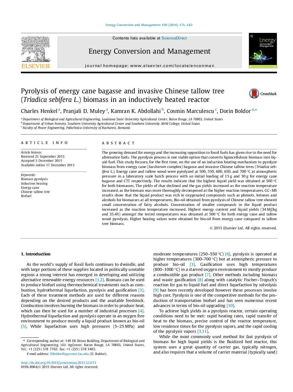 Pyrolysis of energy cane bagasse and invasive Chinese tallow tree (Triadica sebifera L.) biomass in an inductively heated reactor