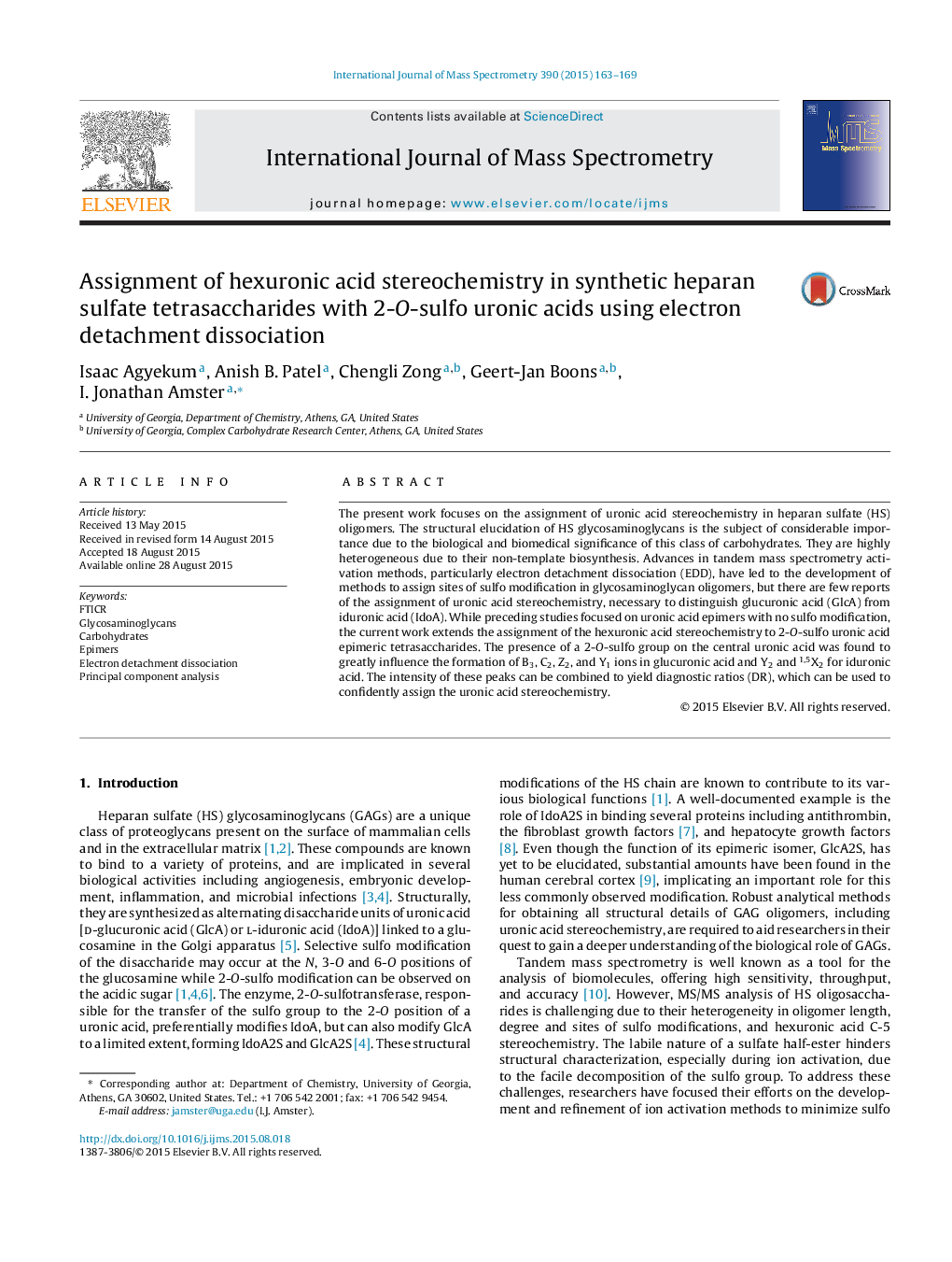 Assignment of hexuronic acid stereochemistry in synthetic heparan sulfate tetrasaccharides with 2-O-sulfo uronic acids using electron detachment dissociation