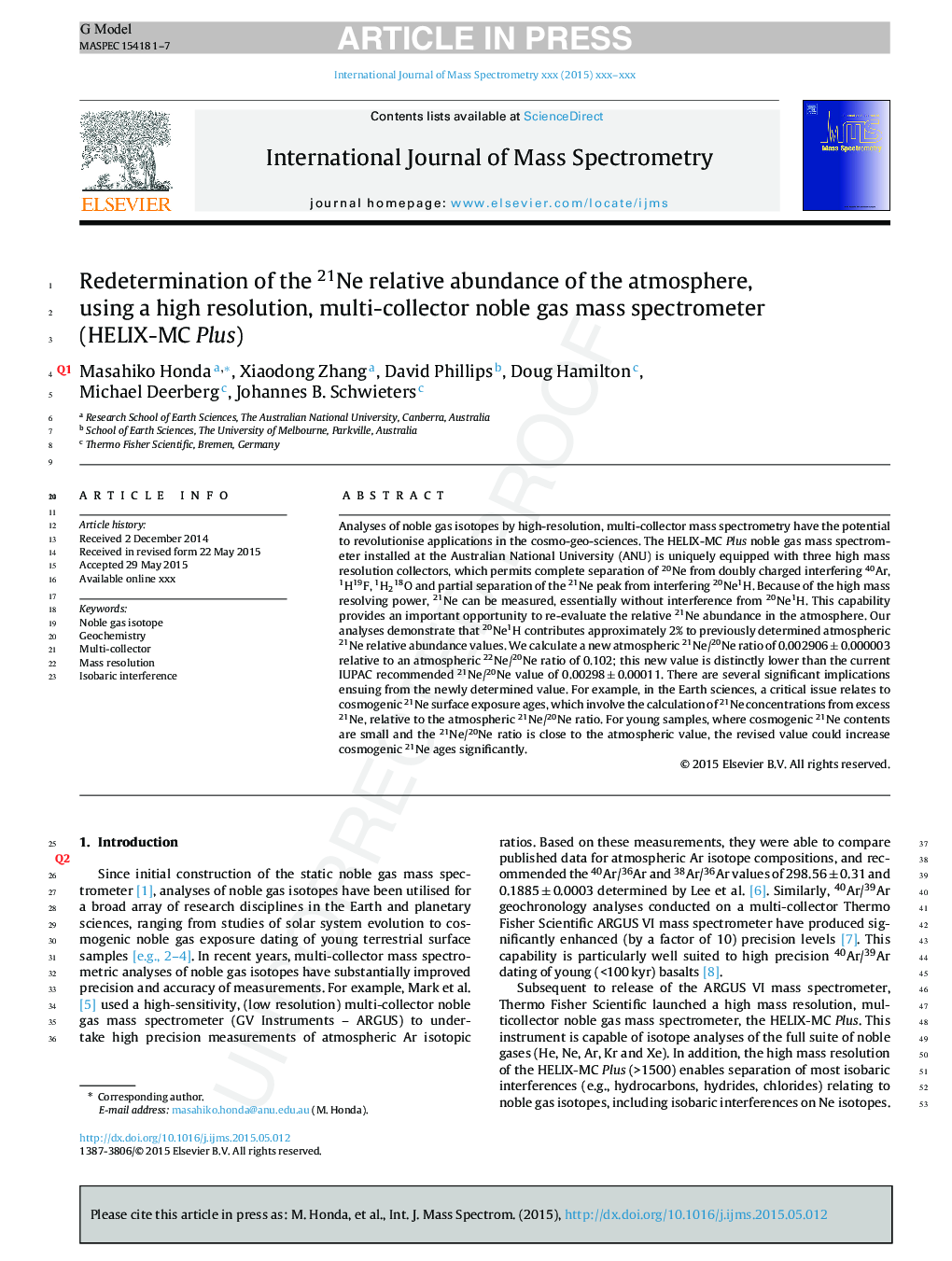 Redetermination of the 21Ne relative abundance of the atmosphere, using a high resolution, multi-collector noble gas mass spectrometer (HELIX-MC Plus)