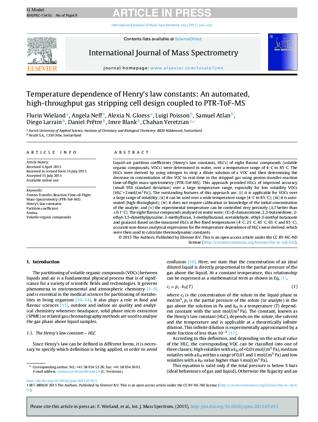 Temperature dependence of Henry's law constants: An automated, high-throughput gas stripping cell design coupled to PTR-ToF-MS