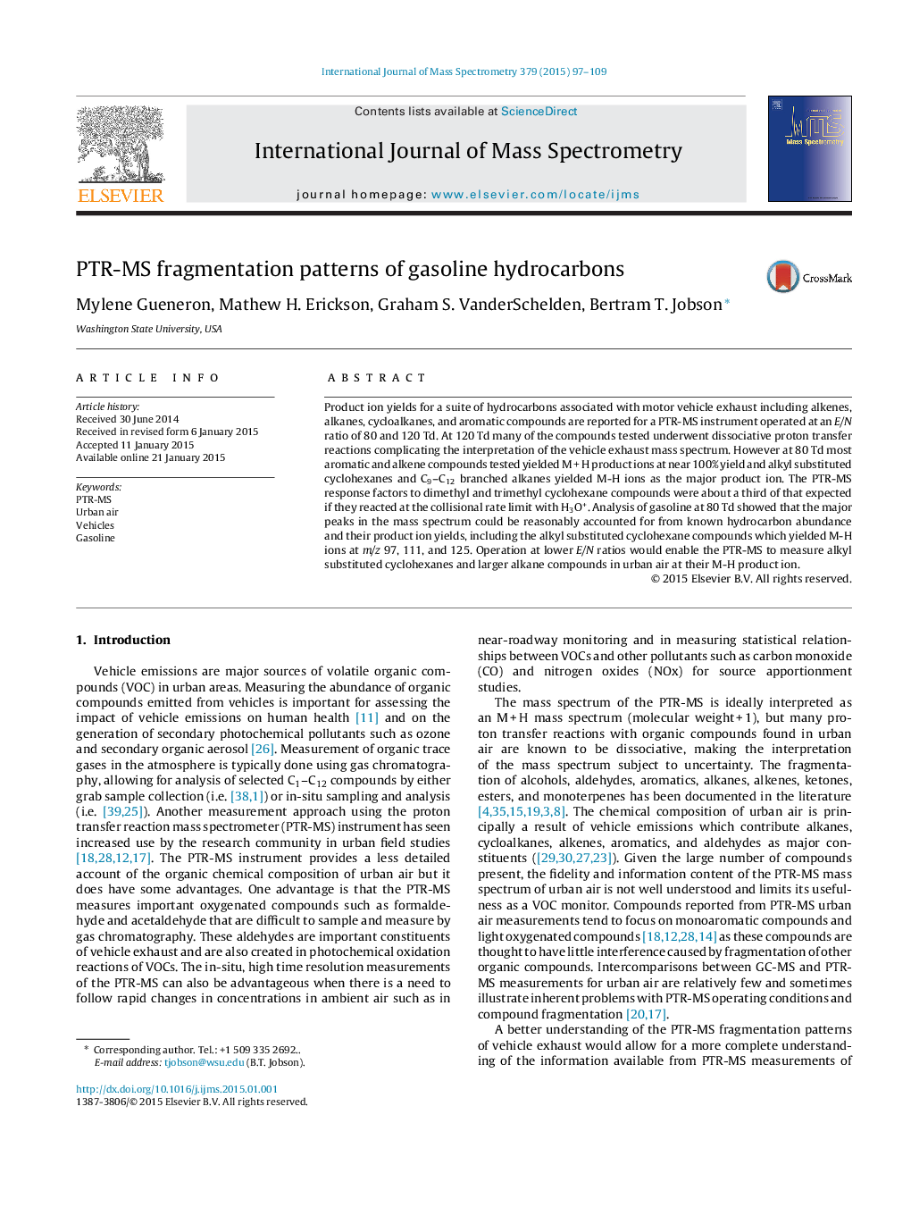 PTR-MS fragmentation patterns of gasoline hydrocarbons