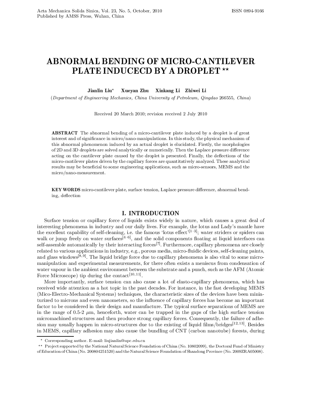 Abnormal bending of micro-cantilever plate inducecd by a droplet 