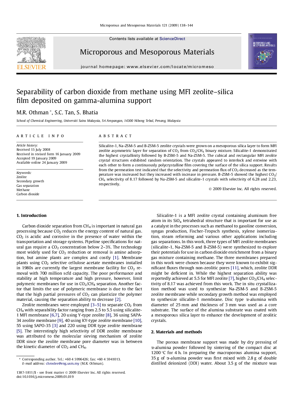 Separability of carbon dioxide from methane using MFI zeolite–silica film deposited on gamma-alumina support