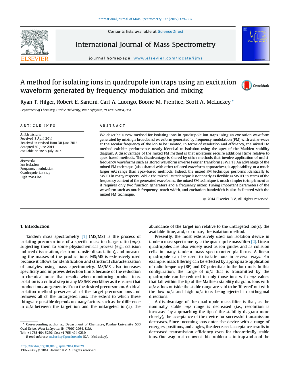 A method for isolating ions in quadrupole ion traps using an excitation waveform generated by frequency modulation and mixing