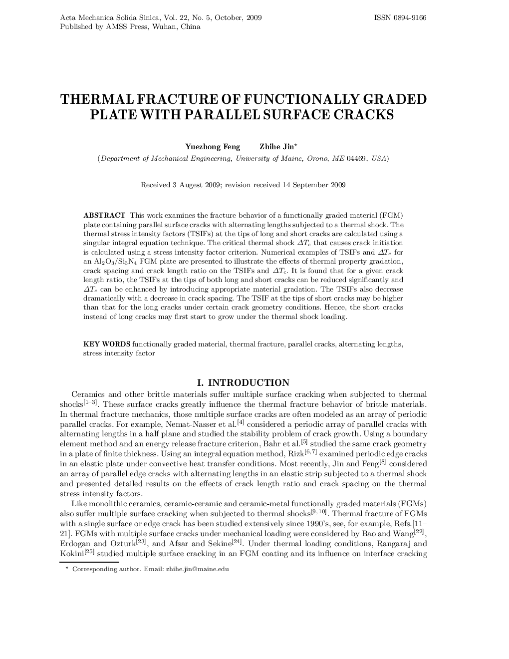 عکس صفحه اول مقاله: Thermal fracture of functionally graded plate with parallel surface cracks Thermal fracture of functionally graded plate with parallel surface cracks