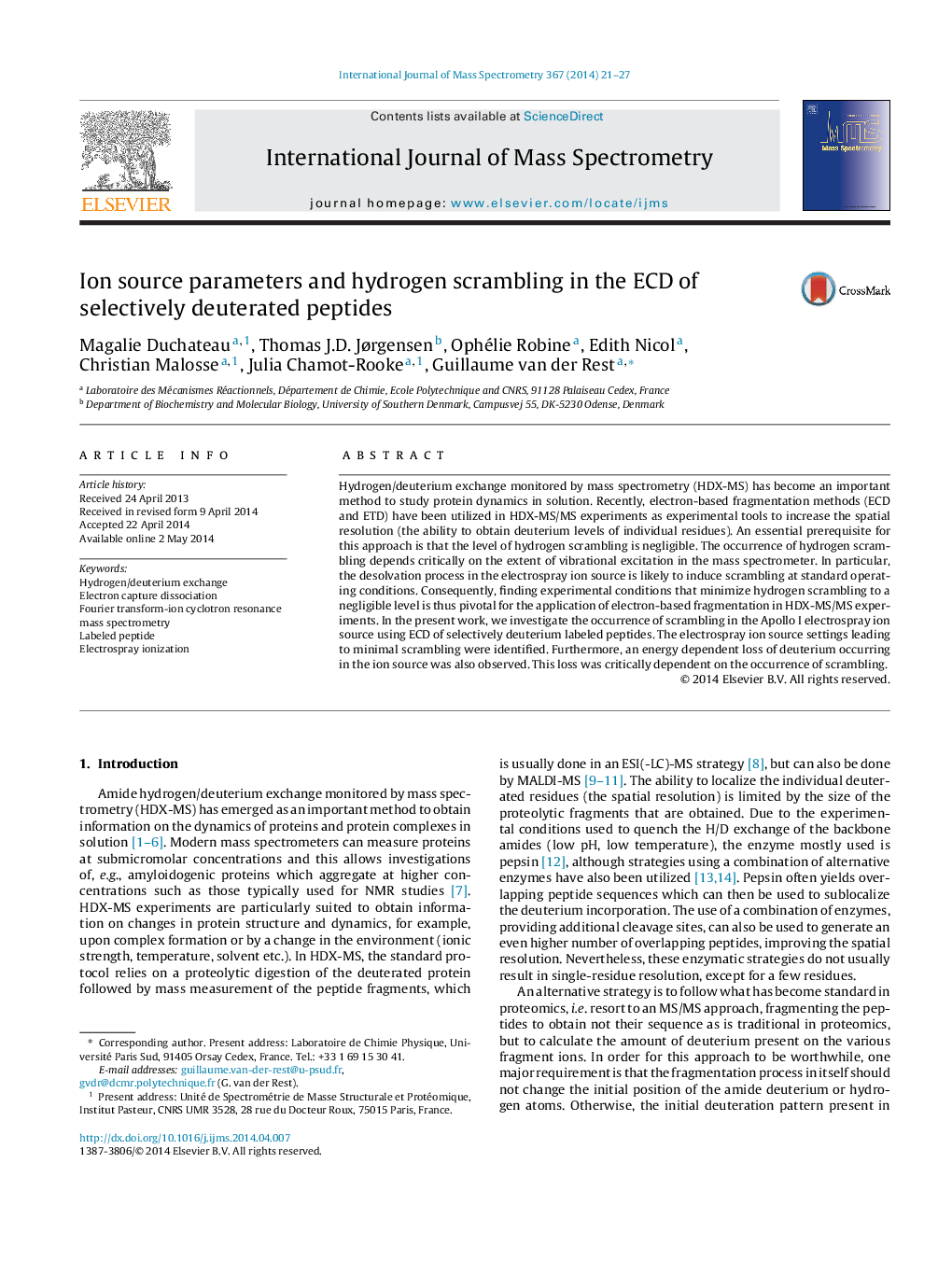 Ion source parameters and hydrogen scrambling in the ECD of selectively deuterated peptides