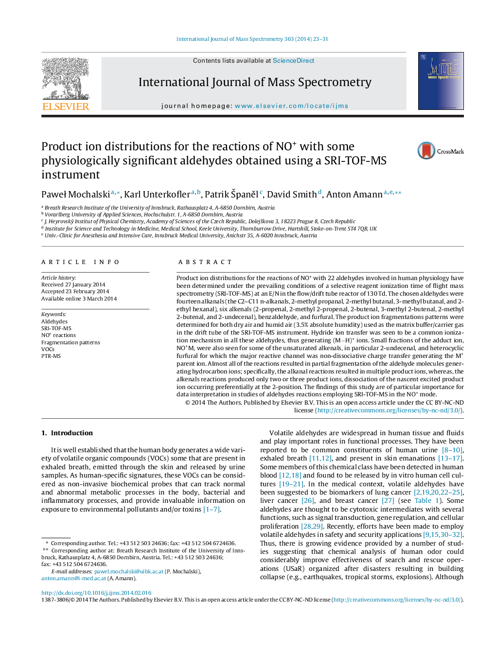 Product ion distributions for the reactions of NO+ with some physiologically significant aldehydes obtained using a SRI-TOF-MS instrument