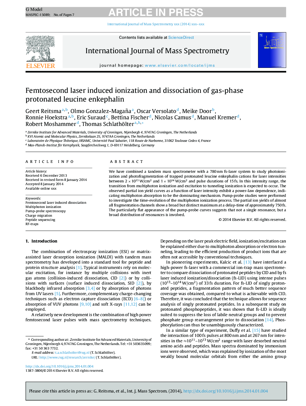 Femtosecond laser induced ionization and dissociation of gas-phase protonated leucine enkephalin