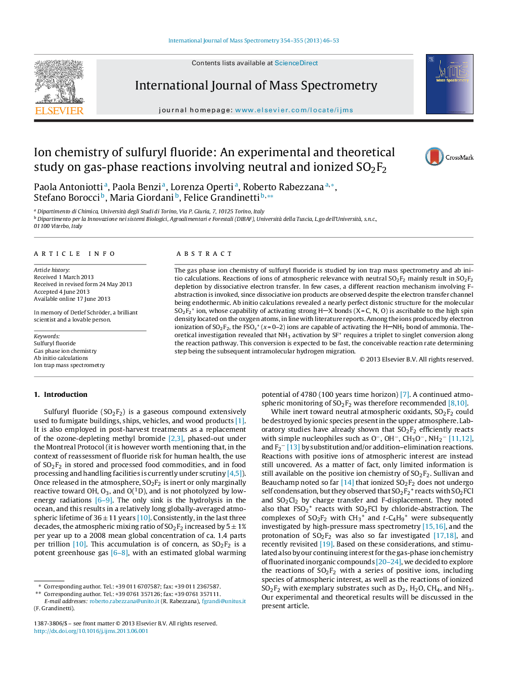 Ion chemistry of sulfuryl fluoride: An experimental and theoretical study on gas-phase reactions involving neutral and ionized SO2F2