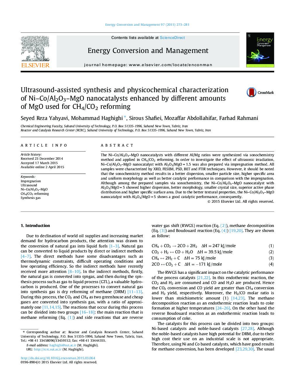 Ultrasound-assisted synthesis and physicochemical characterization of Ni–Co/Al2O3–MgO nanocatalysts enhanced by different amounts of MgO used for CH4/CO2 reforming