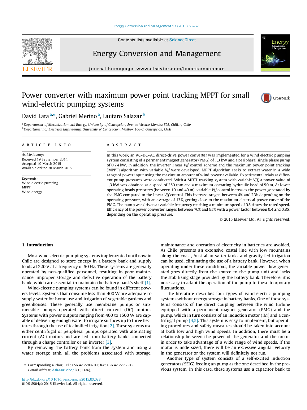 Power converter with maximum power point tracking MPPT for small wind-electric pumping systems