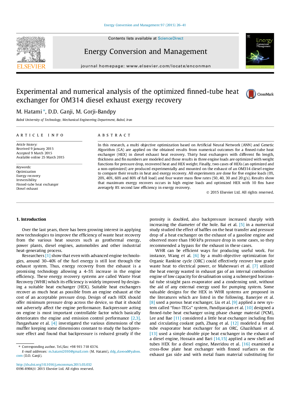 Experimental and numerical analysis of the optimized finned-tube heat exchanger for OM314 diesel exhaust exergy recovery