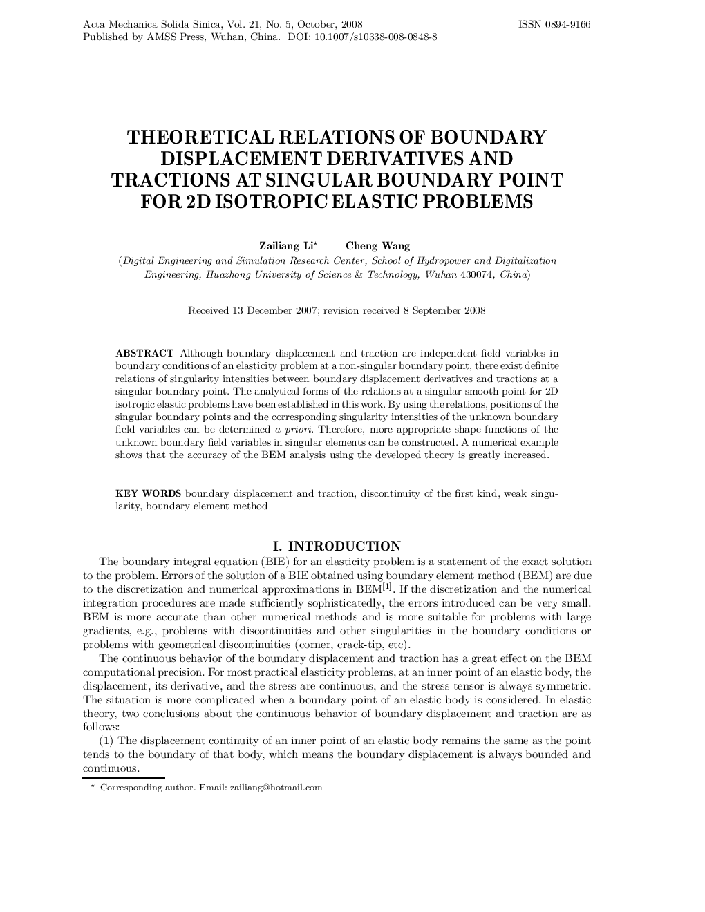 Theoretical relations of boundary displacement derivatives and tractions at singular boundary point for 2D isotropic elastic problems