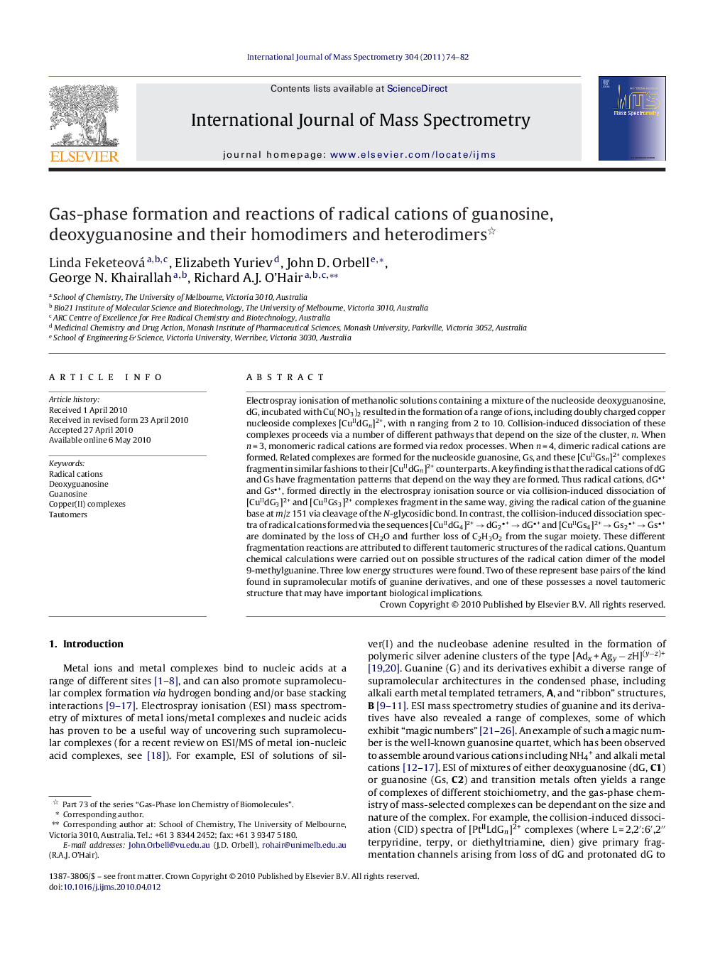 Gas-phase formation and reactions of radical cations of guanosine, deoxyguanosine and their homodimers and heterodimers