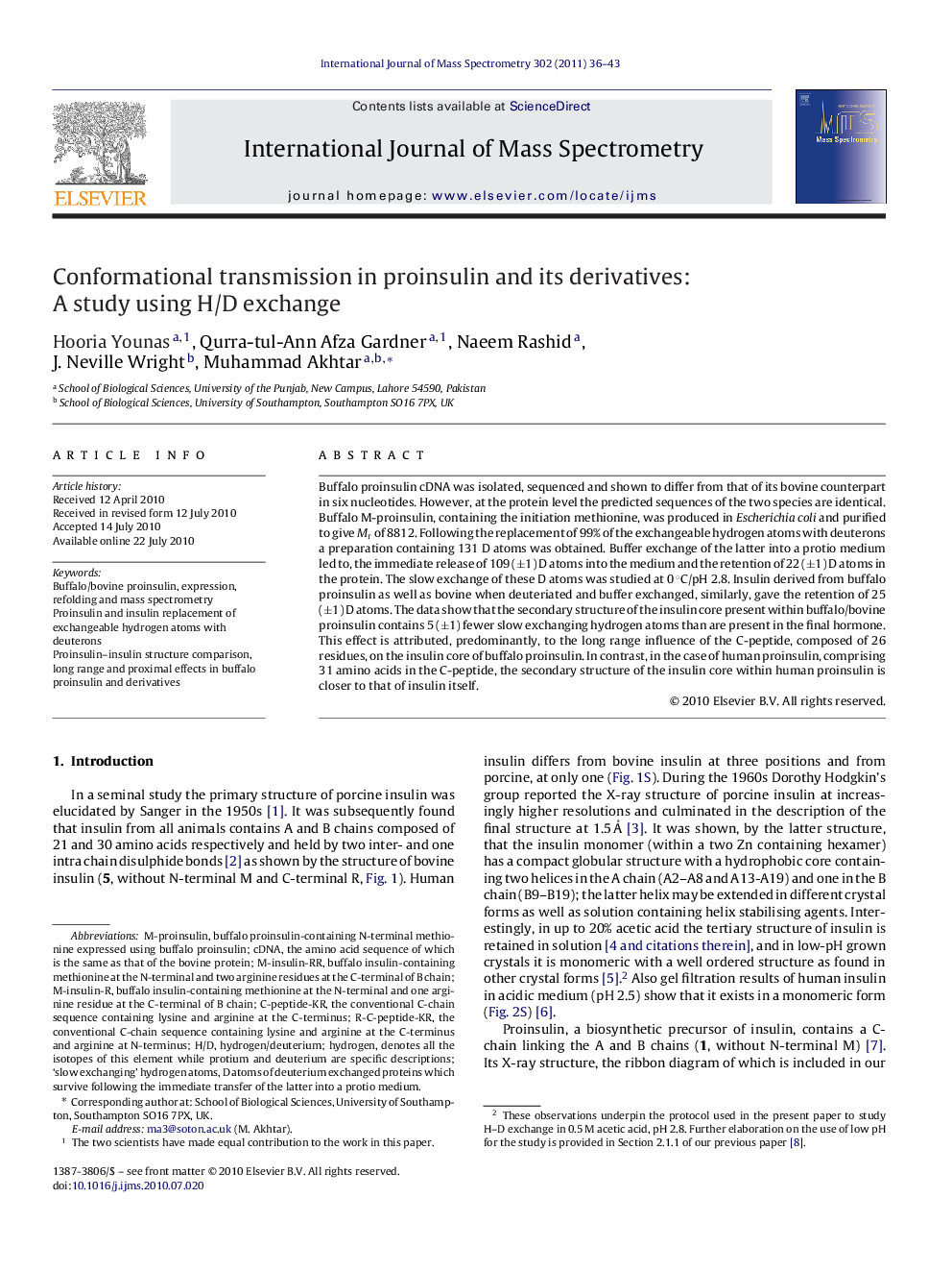 Conformational transmission in proinsulin and its derivatives: A study using H/D exchange