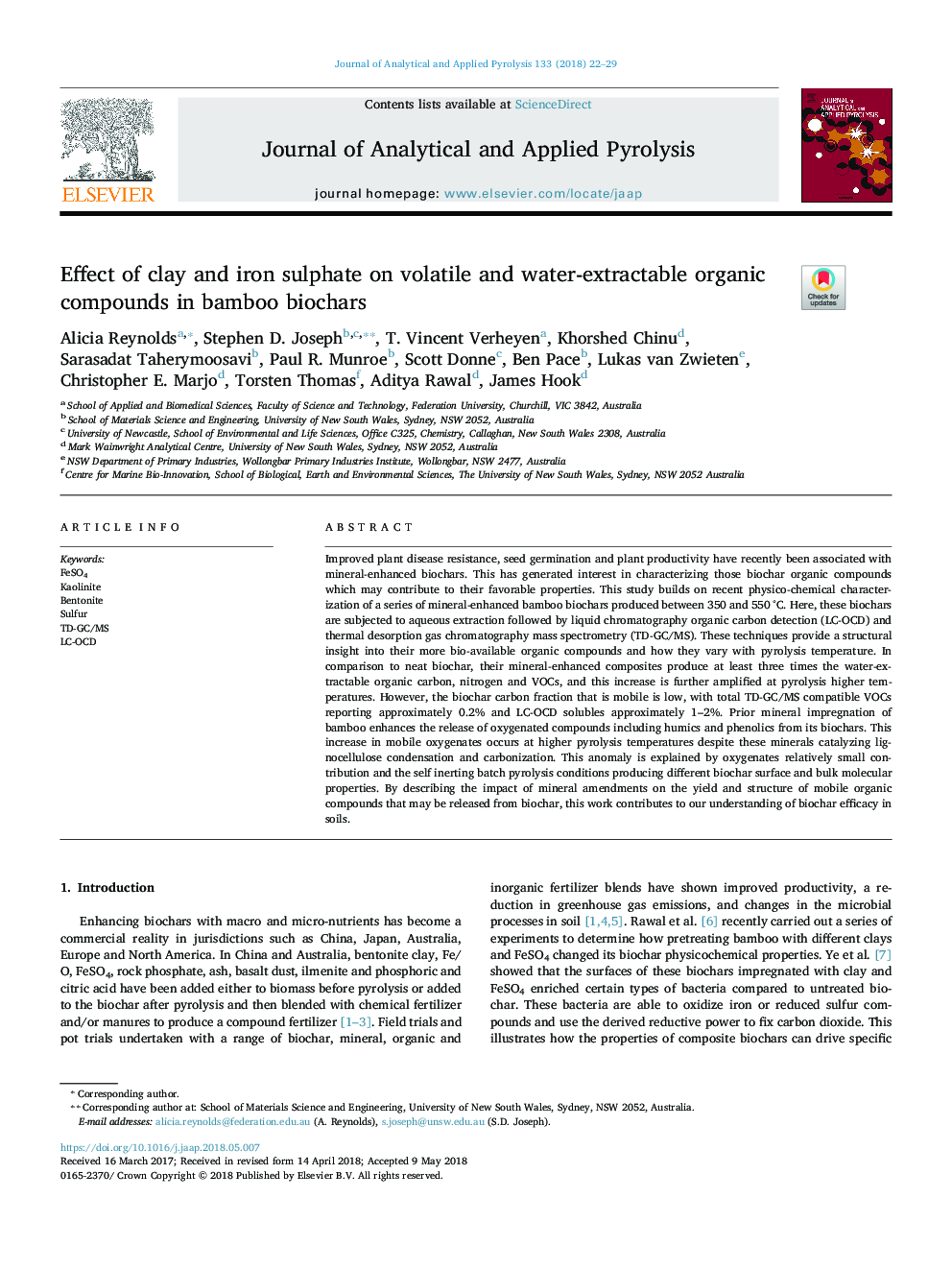 Effect of clay and iron sulphate on volatile and water-extractable organic compounds in bamboo biochars