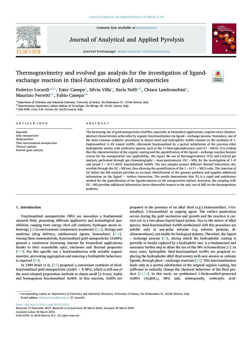 Thermogravimetry and evolved gas analysis for the investigation of ligand-exchange reaction in thiol-functionalized gold nanoparticles