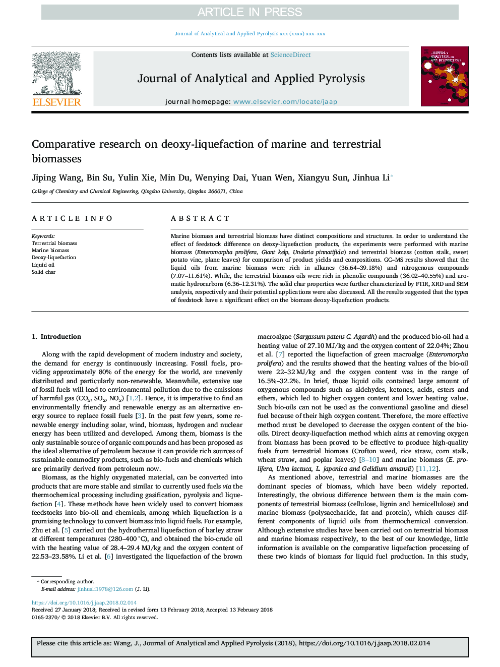 Comparative research on deoxy-liquefaction of marine and terrestrial biomasses