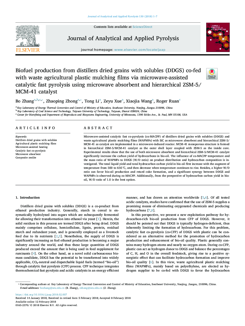 Biofuel production from distillers dried grains with solubles (DDGS) co-fed with waste agricultural plastic mulching films via microwave-assisted catalytic fast pyrolysis using microwave absorbent and hierarchical ZSM-5/MCM-41 catalyst