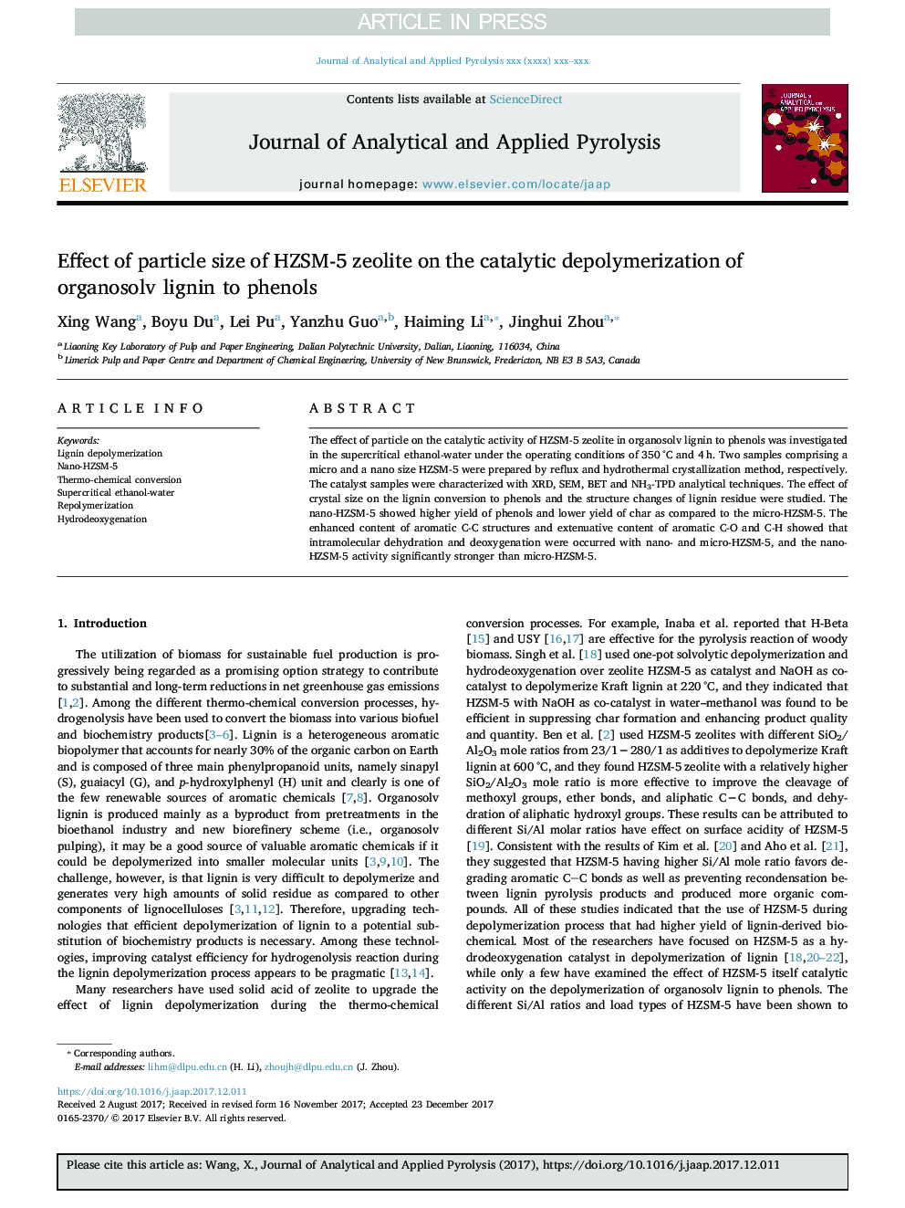 Effect of particle size of HZSM-5 zeolite on the catalytic depolymerization of organosolv lignin to phenols