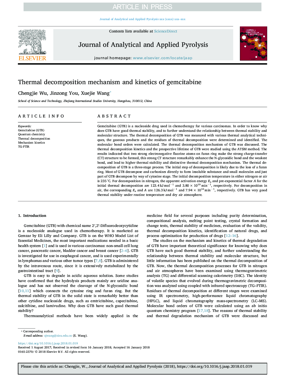 Thermal decomposition mechanism and kinetics of gemcitabine