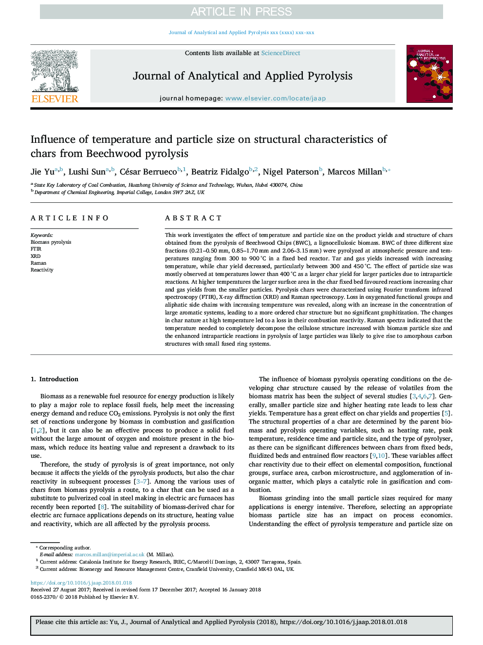 Influence of temperature and particle size on structural characteristics of chars from Beechwood pyrolysis