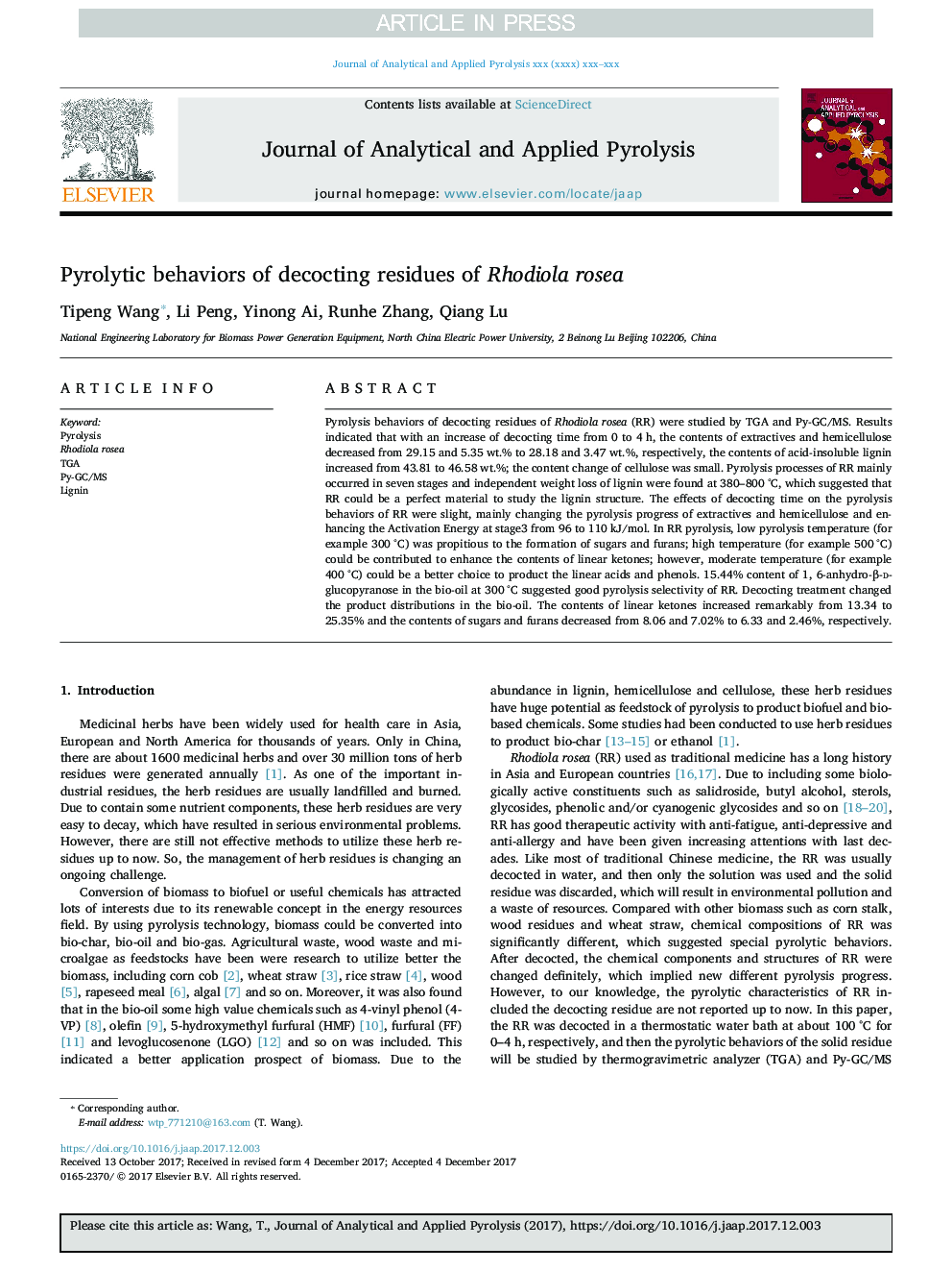 Pyrolytic behaviors of decocting residues of Rhodiola rosea