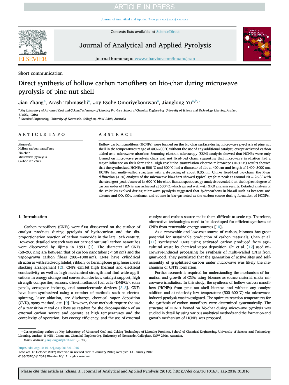 Direct synthesis of hollow carbon nanofibers on bio-char during microwave pyrolysis of pine nut shell