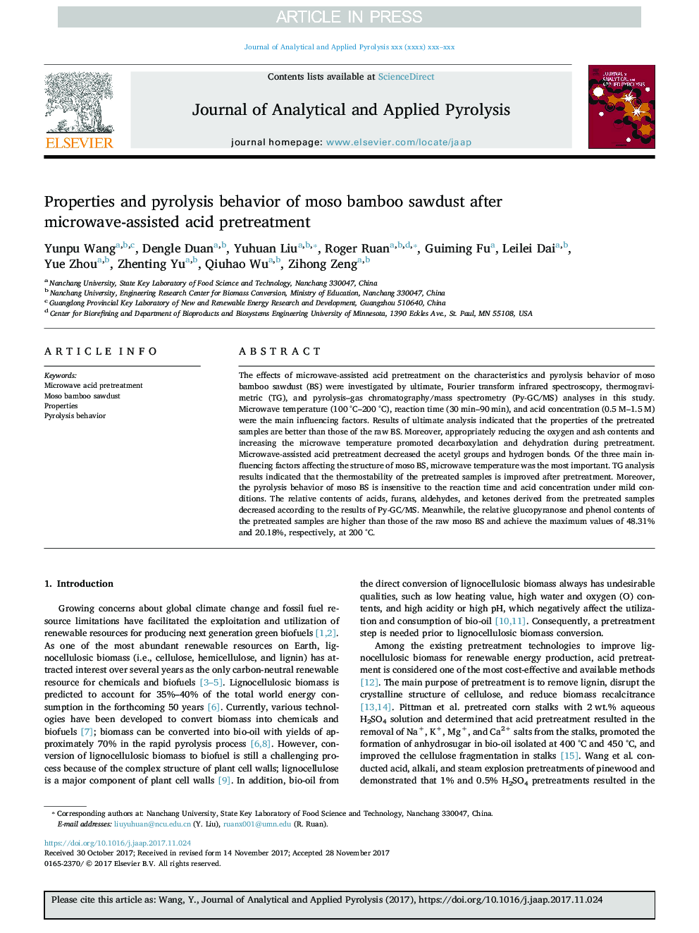 Properties and pyrolysis behavior of moso bamboo sawdust after microwave-assisted acid pretreatment