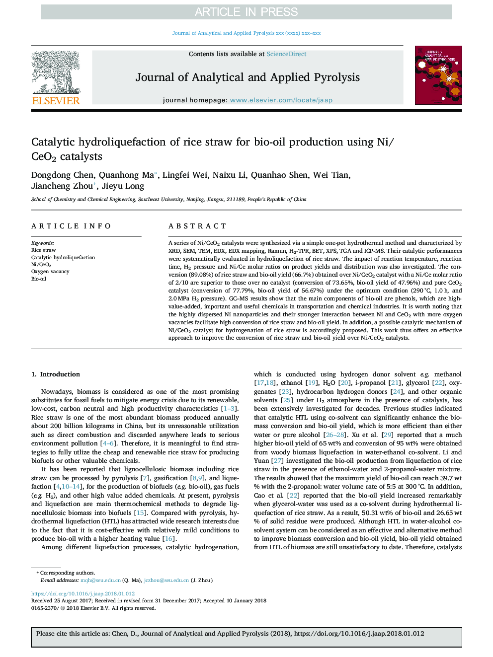 Catalytic hydroliquefaction of rice straw for bio-oil production using Ni/CeO2 catalysts