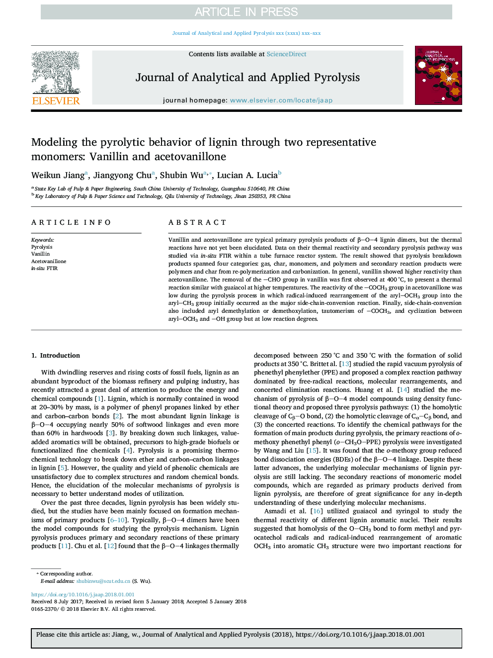 Modeling the pyrolytic behavior of lignin through two representative monomers: Vanillin and acetovanillone