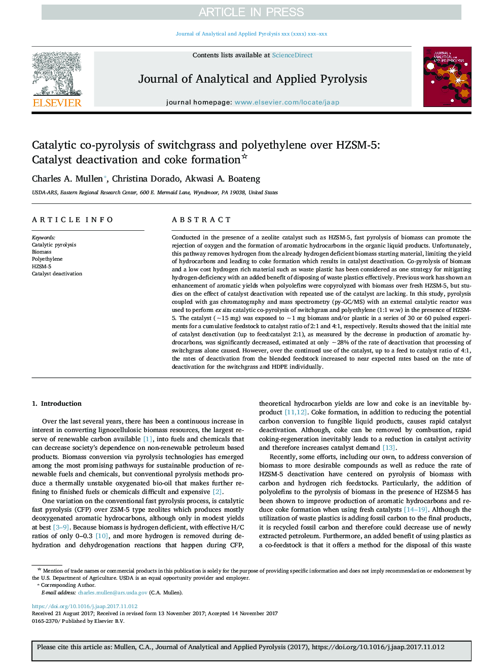 Catalytic co-pyrolysis of switchgrass and polyethylene over HZSM-5: Catalyst deactivation and coke formation